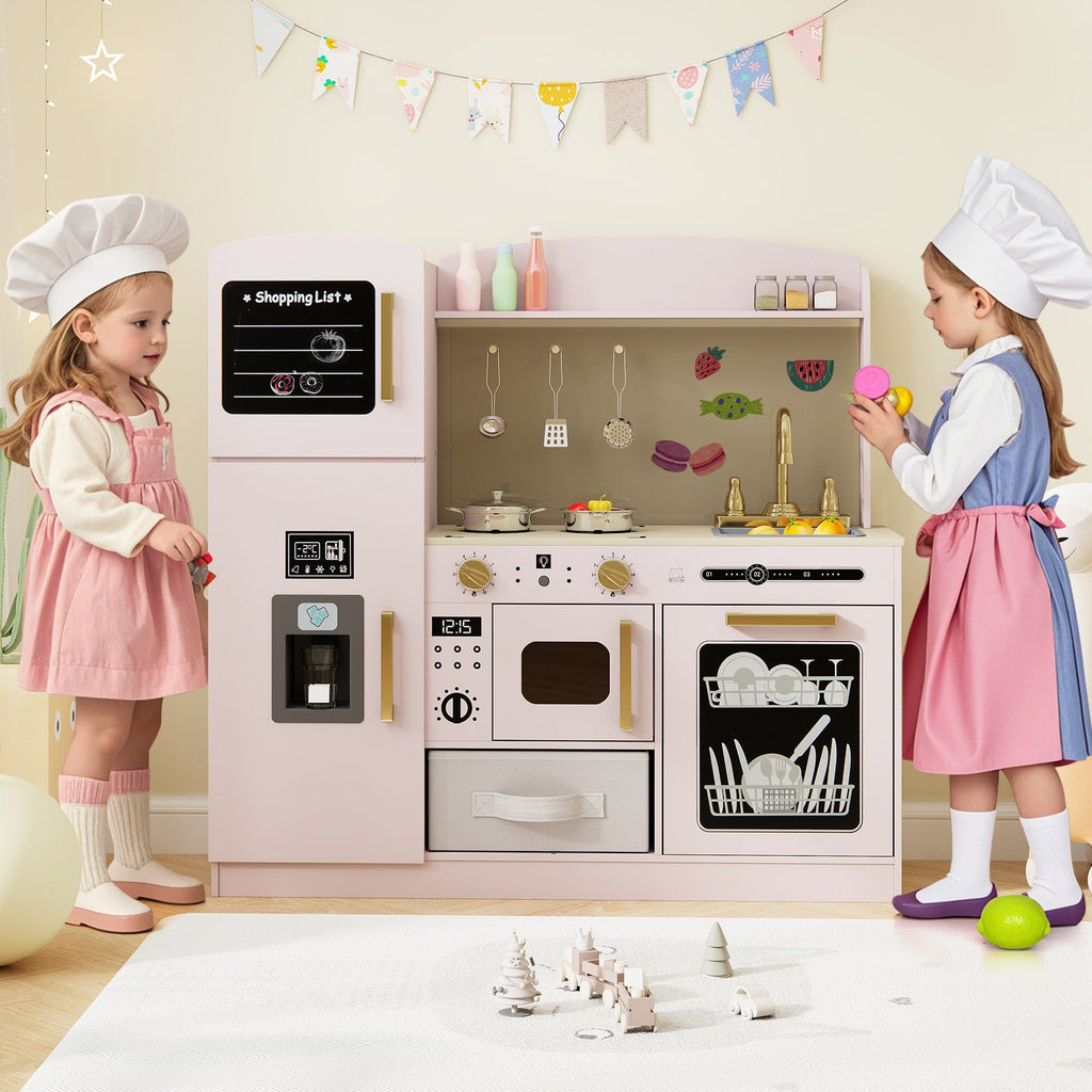 Wooden Kids Kitchen Playset with Chalkboard Ice Maker Sink Lighted Microwave-Pink