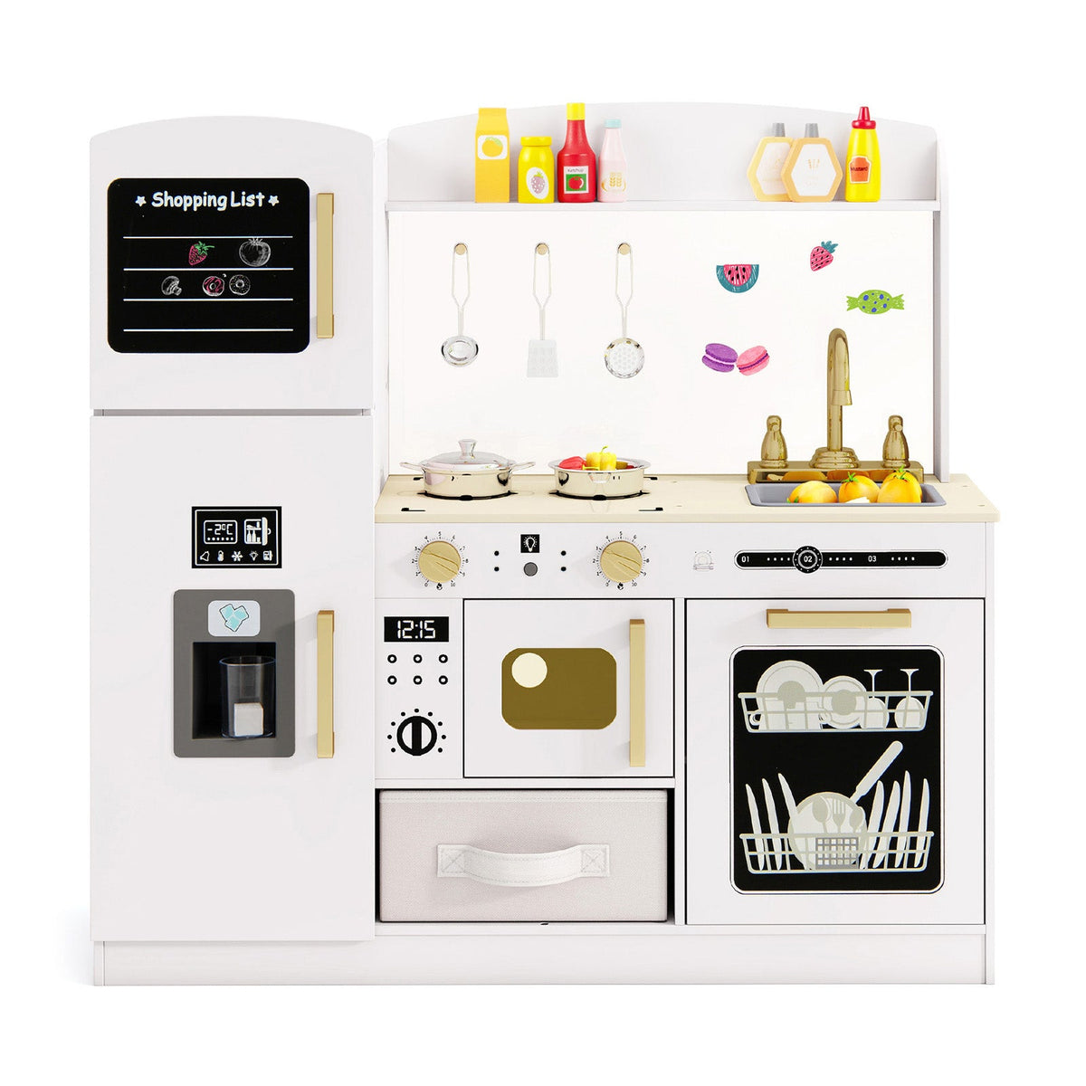 Wooden Kids Kitchen Playset with Chalkboard Ice Maker Sink Lighted Microwave-White