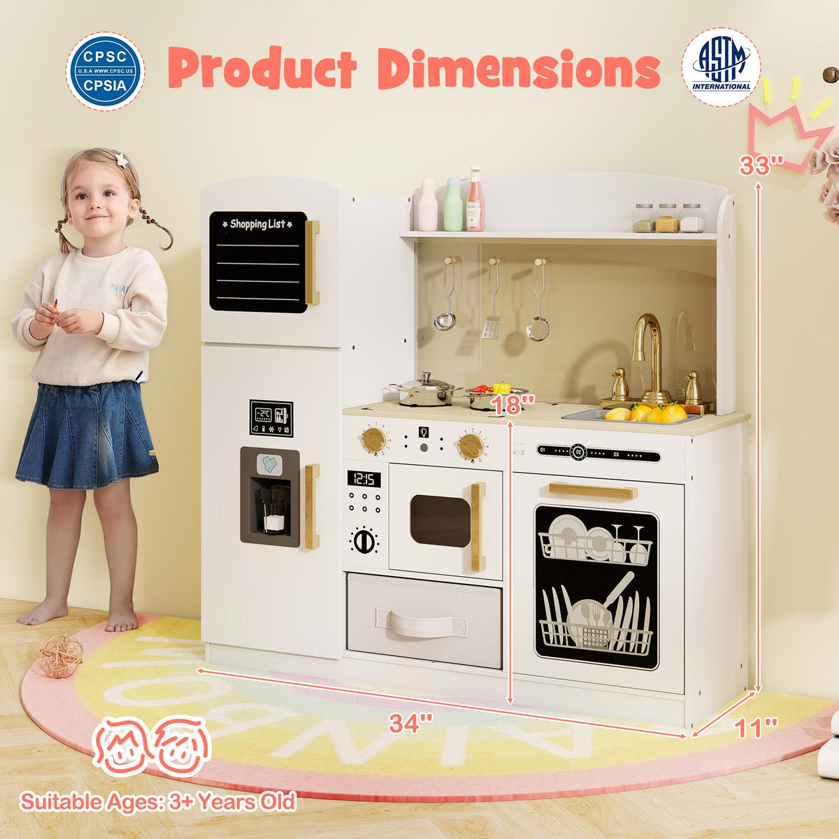Wooden Kids Kitchen Playset with Chalkboard Ice Maker Sink Lighted Microwave-White