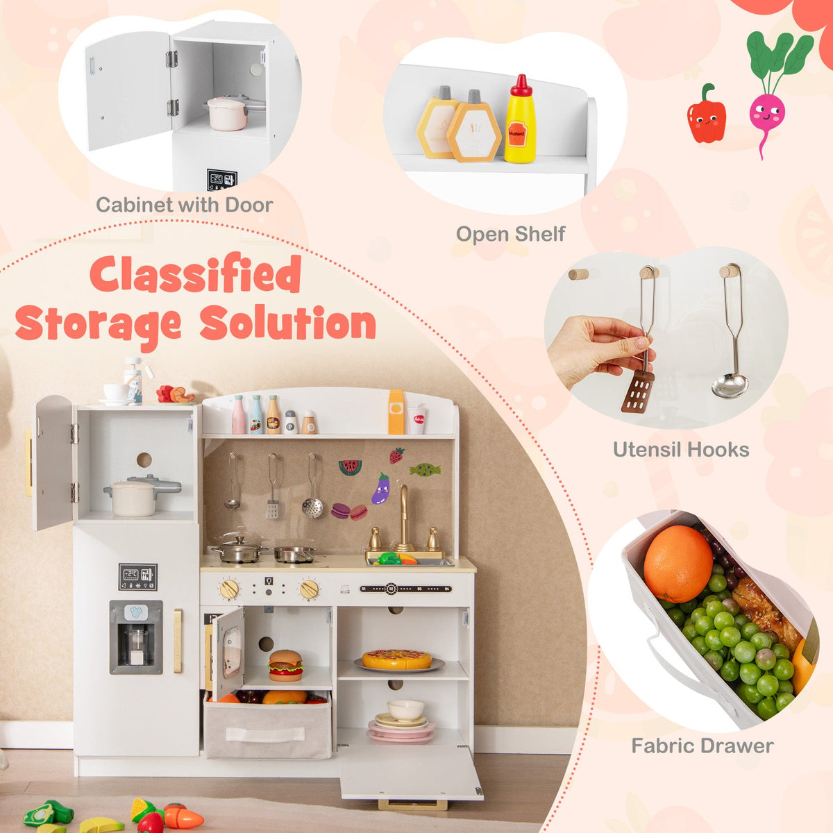 Wooden Kids Kitchen Playset with Chalkboard Ice Maker Sink Lighted Microwave-White