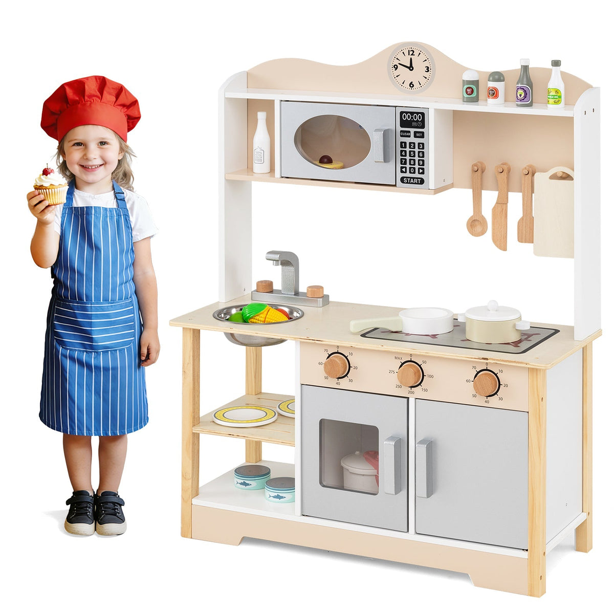 Wooden Play Kitchen Cooking Toy Playset for Kids-White