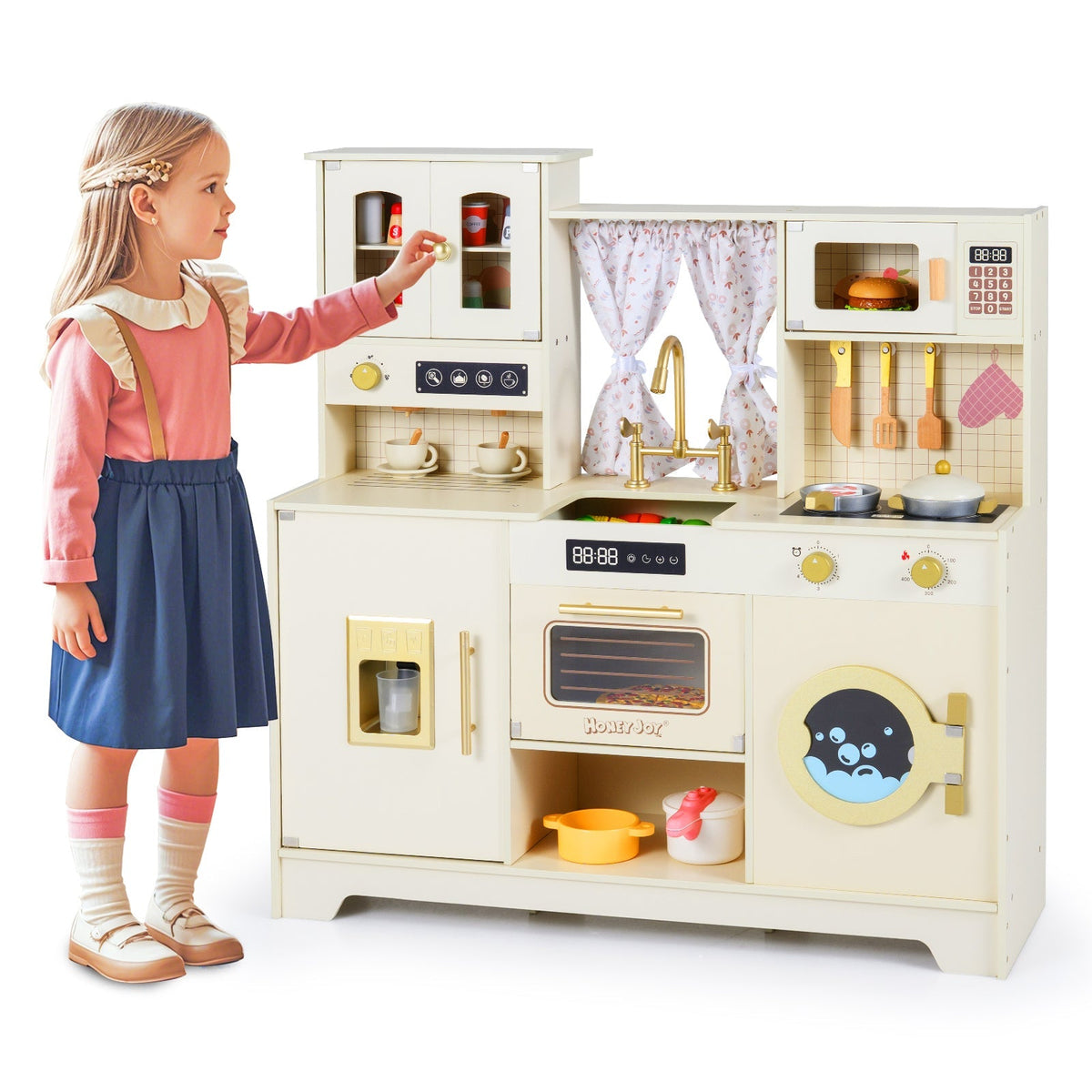 Wooden Toy Kitchen Playset with 14 Accessories for Aged 3+ Years-Beige
