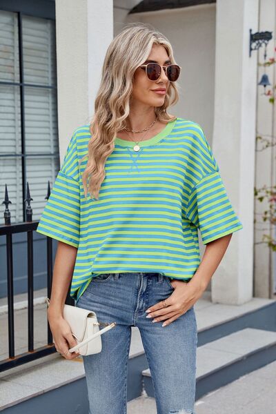 Contrast Striped Round Neck Half Sleeve T-Shirt