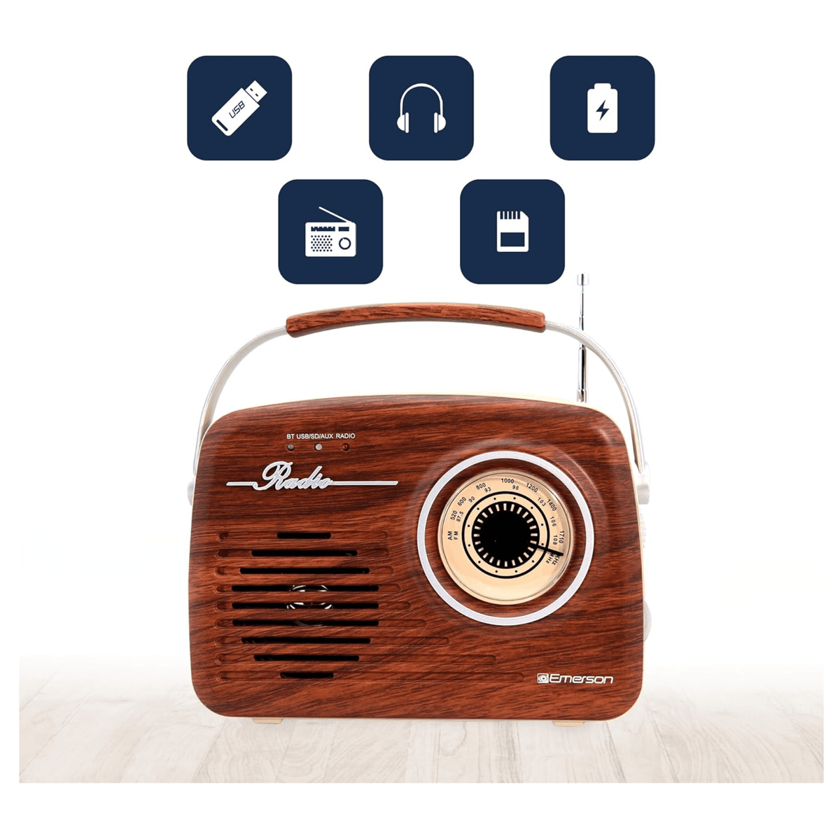 Emerson Portable Retro Radio with Built-In Rechargeable Battery and Memory Set