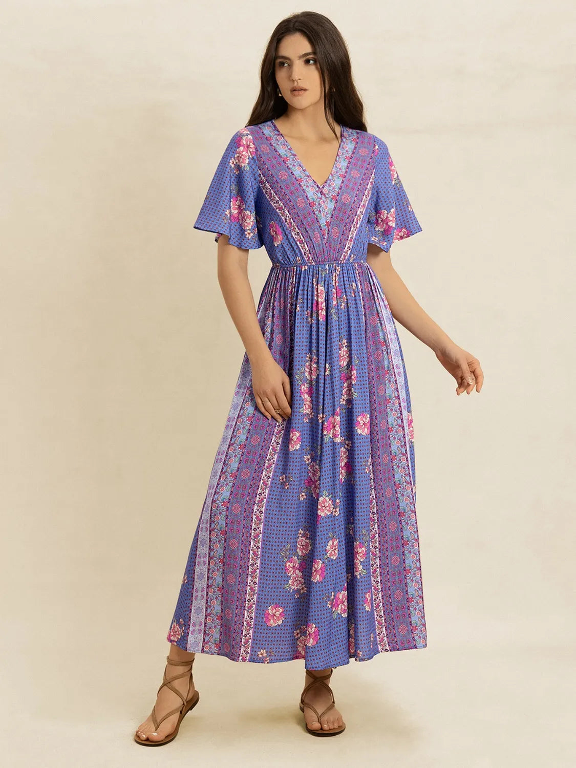 Printed Short Sleeve Midi Dress