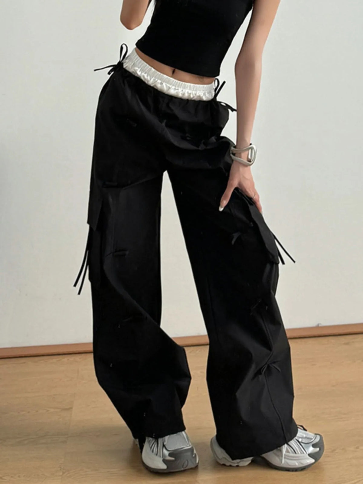 Bow Elastic Waist Cargo Pants