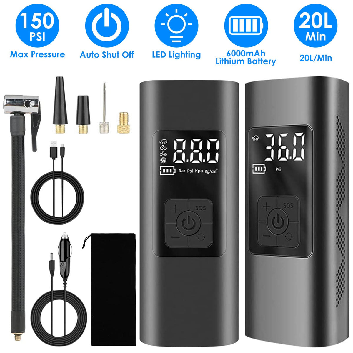 150PSI Cordless Car Tire Pump 6000mAh Rechargeable Tire Inflator Portable Air Compressor for Car Bike Motorcycle Ball