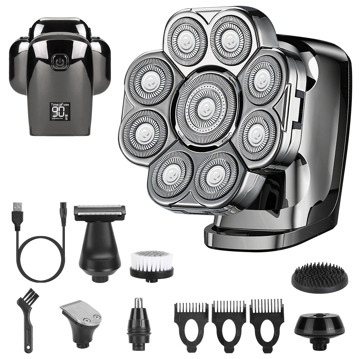 6 In 1 9D Electric Head Shaver for Men Cordless Rechargeable Wet Dry Razor with LED Display Travel Lock Stall Protection Cleaning Reminder