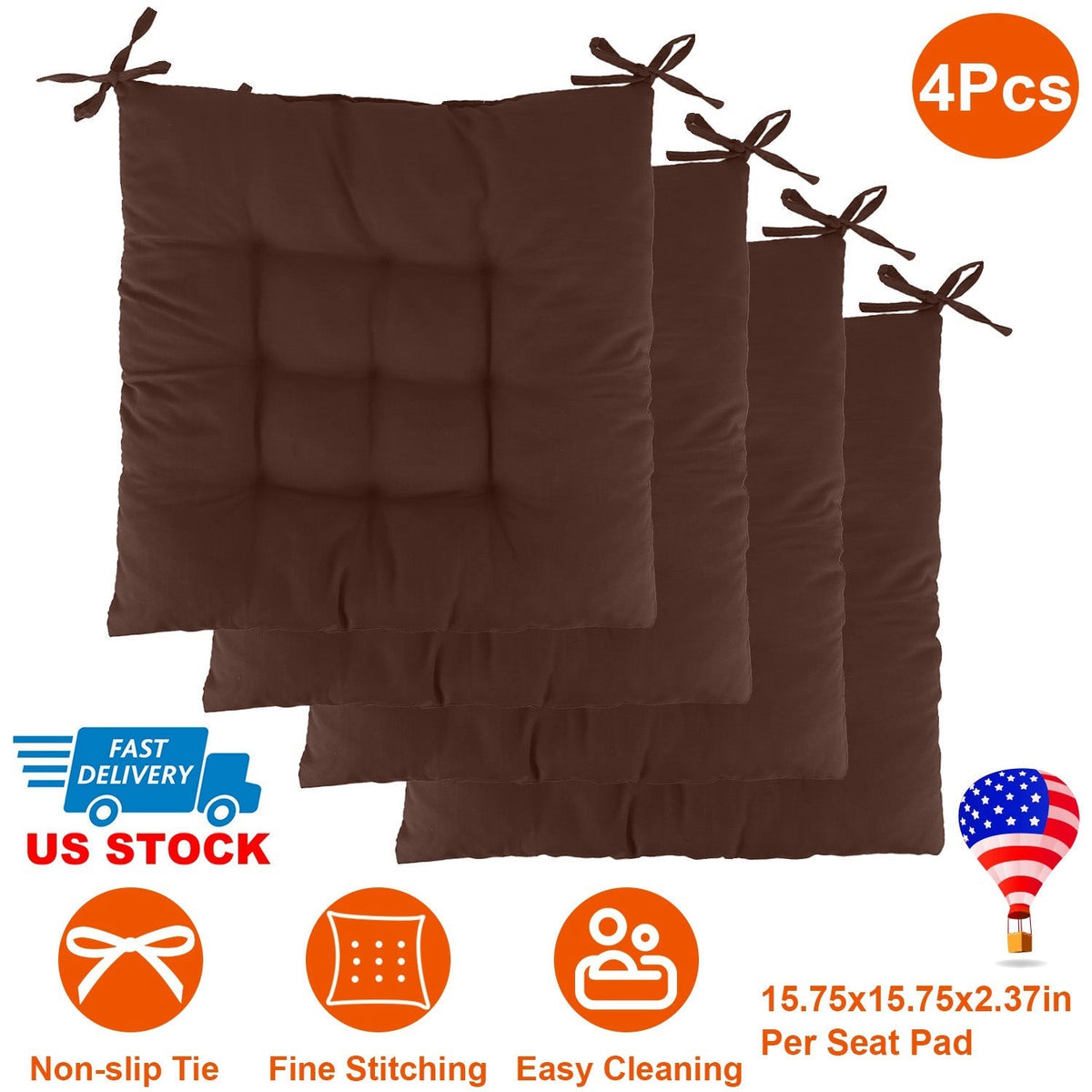 4Pcs Chair Cushion Pads Pillow 15.75x15.75x2.37in Soft Tie On Square Sitting Mats For Home Office Car Sitting Travel