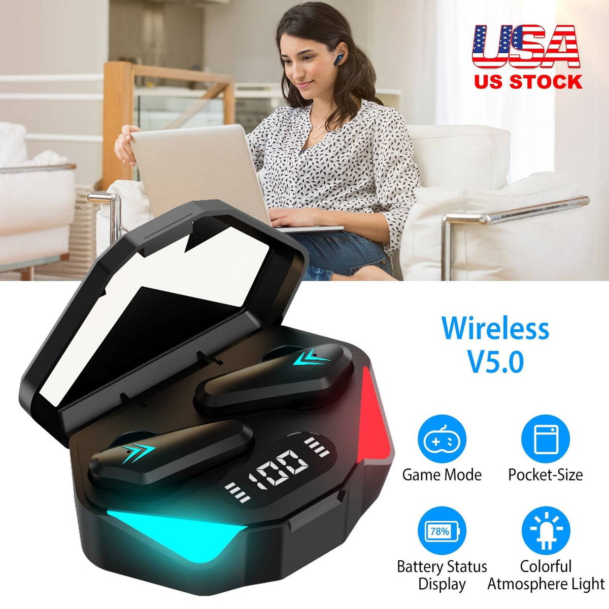 Wireless TWS 5.0 Earbuds Headphone in-Ear Earphone Headset with Charging Case Waterproof Low Latency Game Mode
