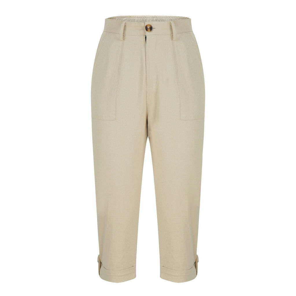 Womens Solid-color Buttoned Roll-up Capri Pants