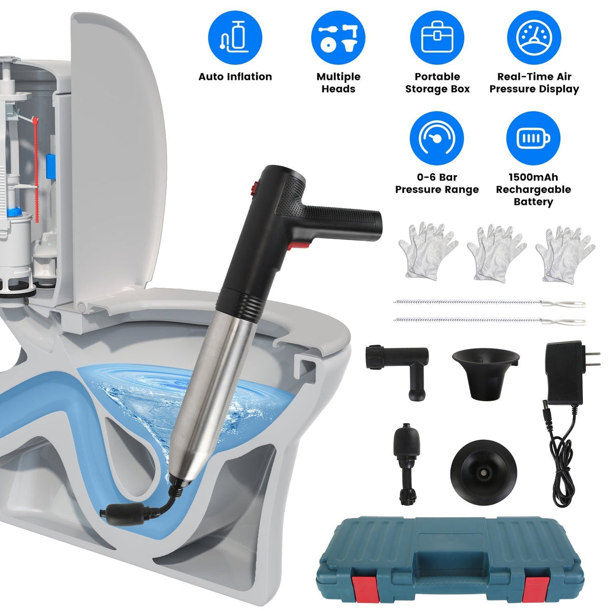 Electric Toilet Plunger High Pressure Air Plunger Air Drain Blaster Drain Clog Remover with Real Time Pressure Display for Toilets Bathroom Floor Drai