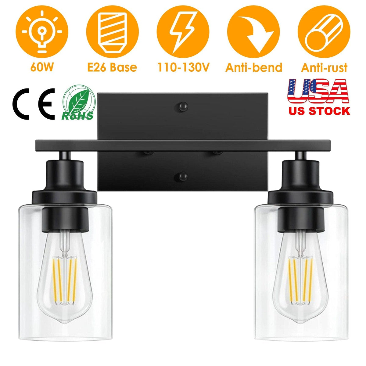 2 Light Wall Sconce Lighting with Clear Glass Shade Bathroom Vanity Lamp Fixture Modern Mounted Light for Porch Mirror Living Room Bedroom Hallway