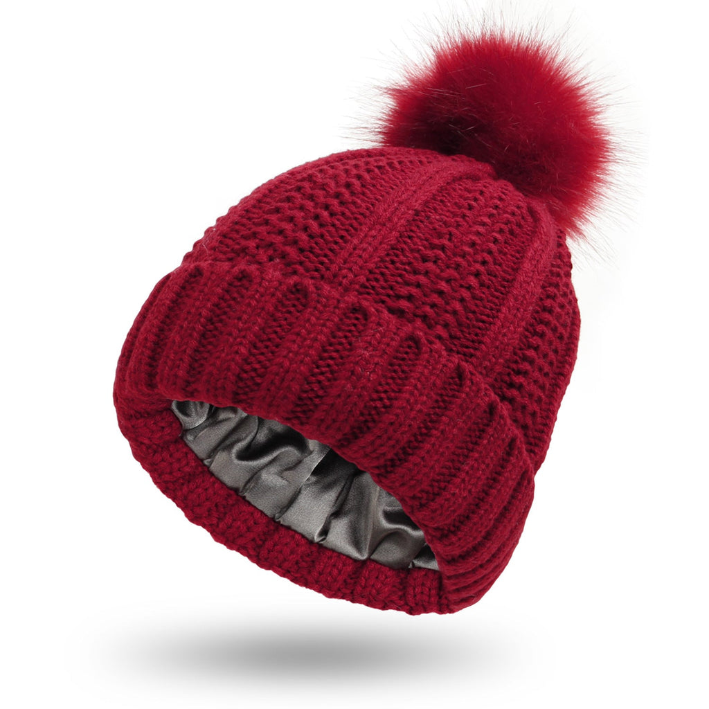 Winter Knitted Hats Fashion Stretchy Lined Skull Hats For Women Faux Fur Pom Pom Hat Keep Warming Beanie Hat