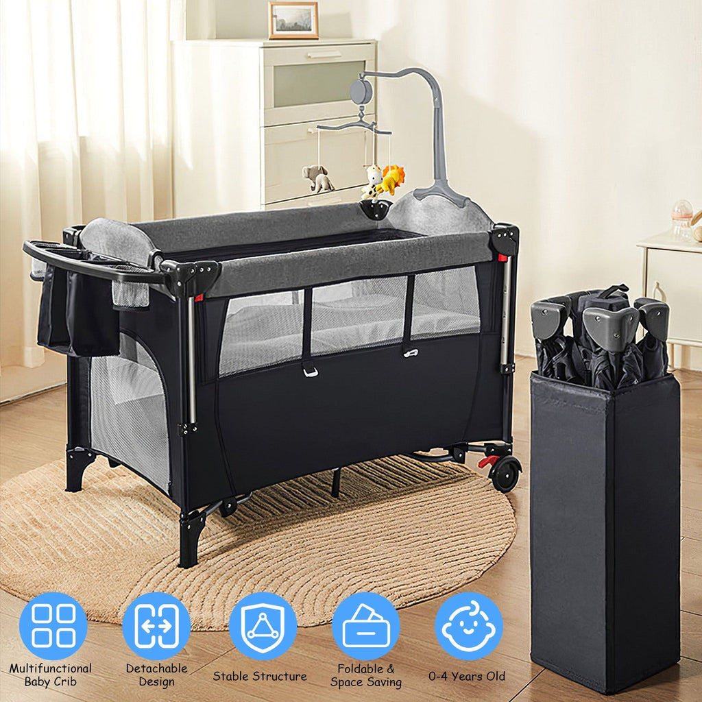 6 In 1 Foldable Baby Crib with Activity Center Diaper Changing Table Mosquito Net Mattress Music Box Toys Storage Tray Baby Bassinet Baby Sleeper