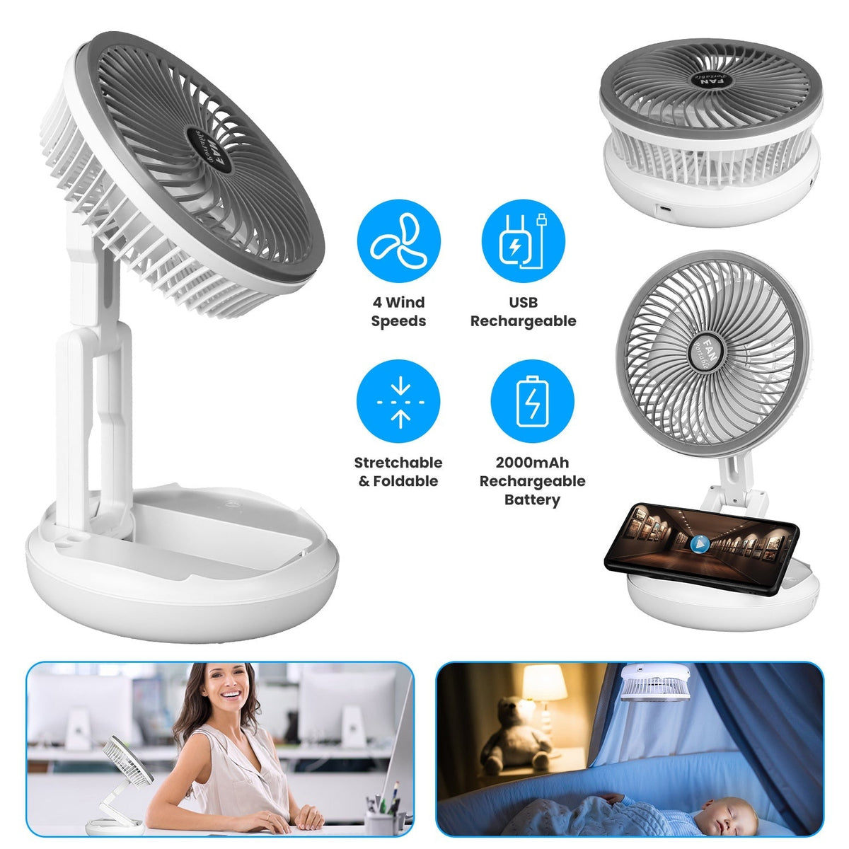 All in 1 Folding Desk Fan USB Desk Fan Small Stretchable Fan with 4 Wind Speeds Hanging Desktop Wall Mounted for Bedroom Dormitory Office Travel Campi