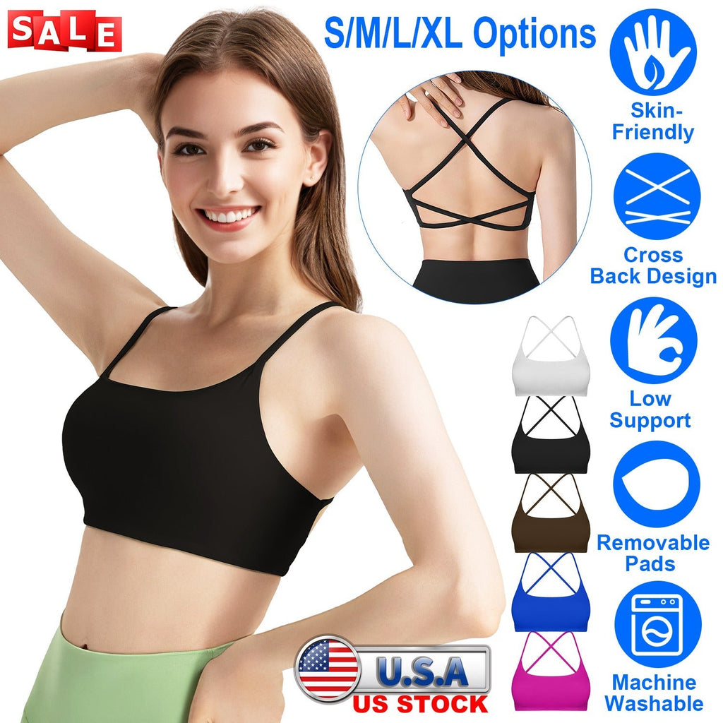 Women Cross Back Sport Bras Padded StrappyÊCrop Open Back Low Impact Bras SexyÊFitnessÊTank Tops with Removable Pads Thin Straps for Gym Yoga Workout