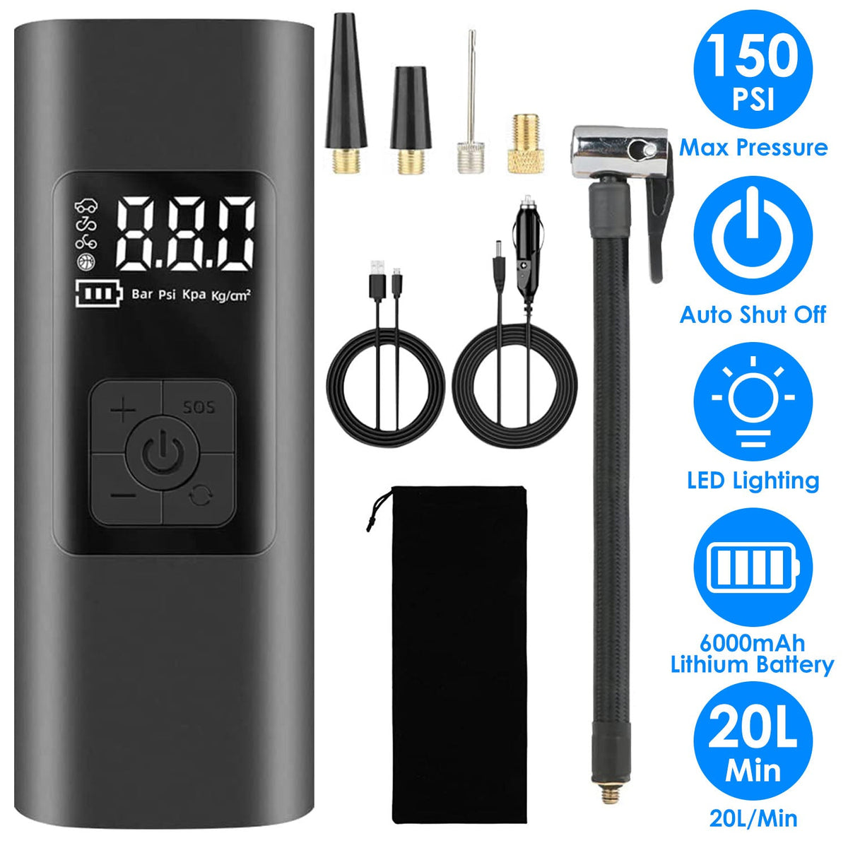 150PSI Cordless Car Tire Pump 6000mAh Rechargeable Tire Inflator Portable Air Compressor for Car Bike Motorcycle Ball