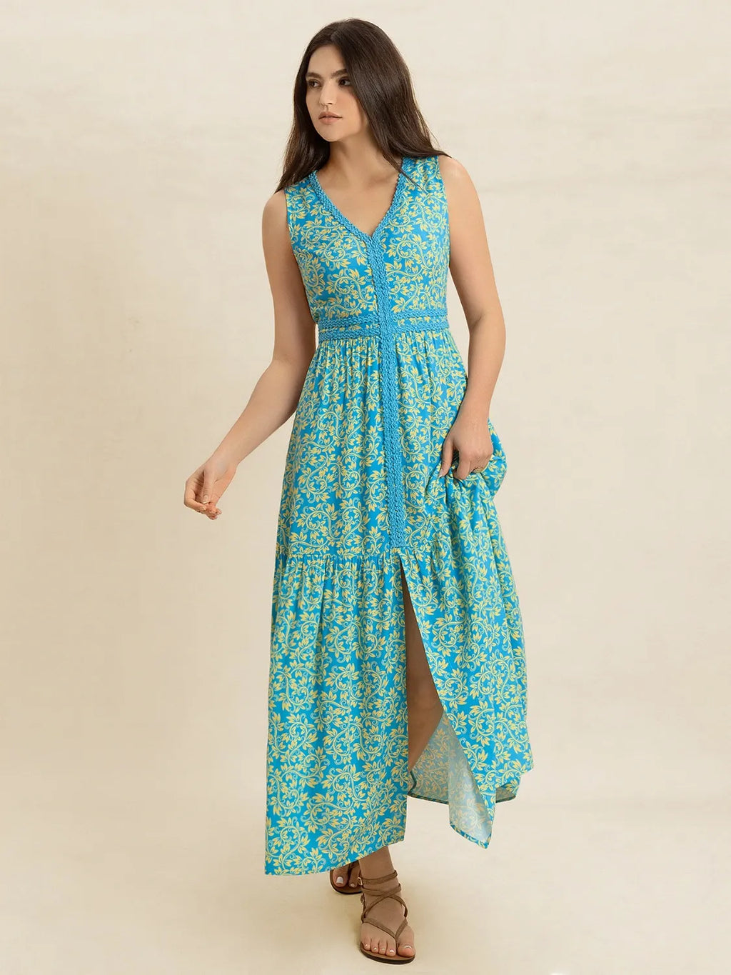 Slit Printed V-Neck Sleeveless Dress