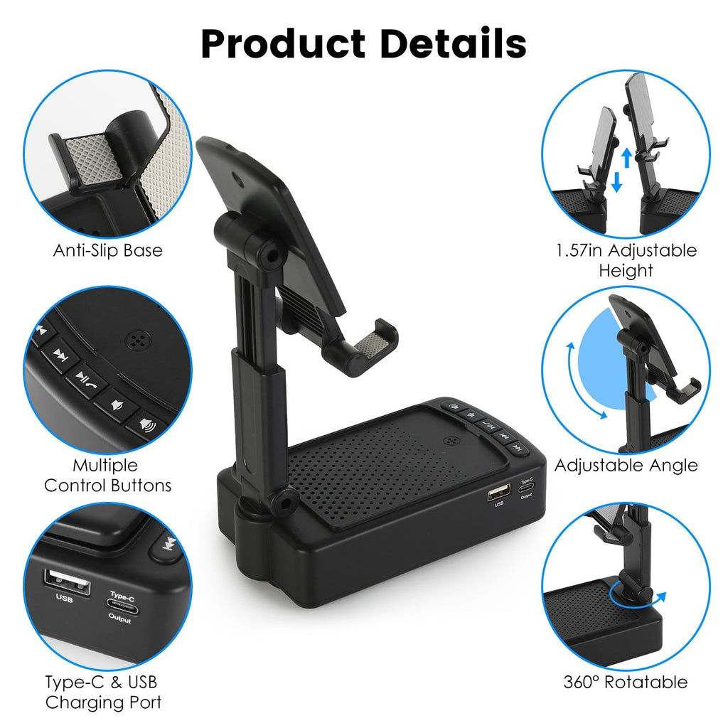 Portable Foldable Phone Stand with HD Wireless Speaker & Power Bank