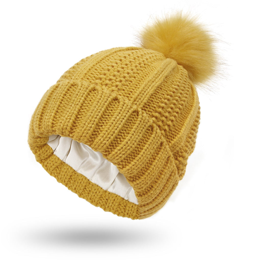 Winter Knitted Hats Fashion Stretchy Lined Skull Hats For Women Faux Fur Pom Pom Hat Keep Warming Beanie Hat