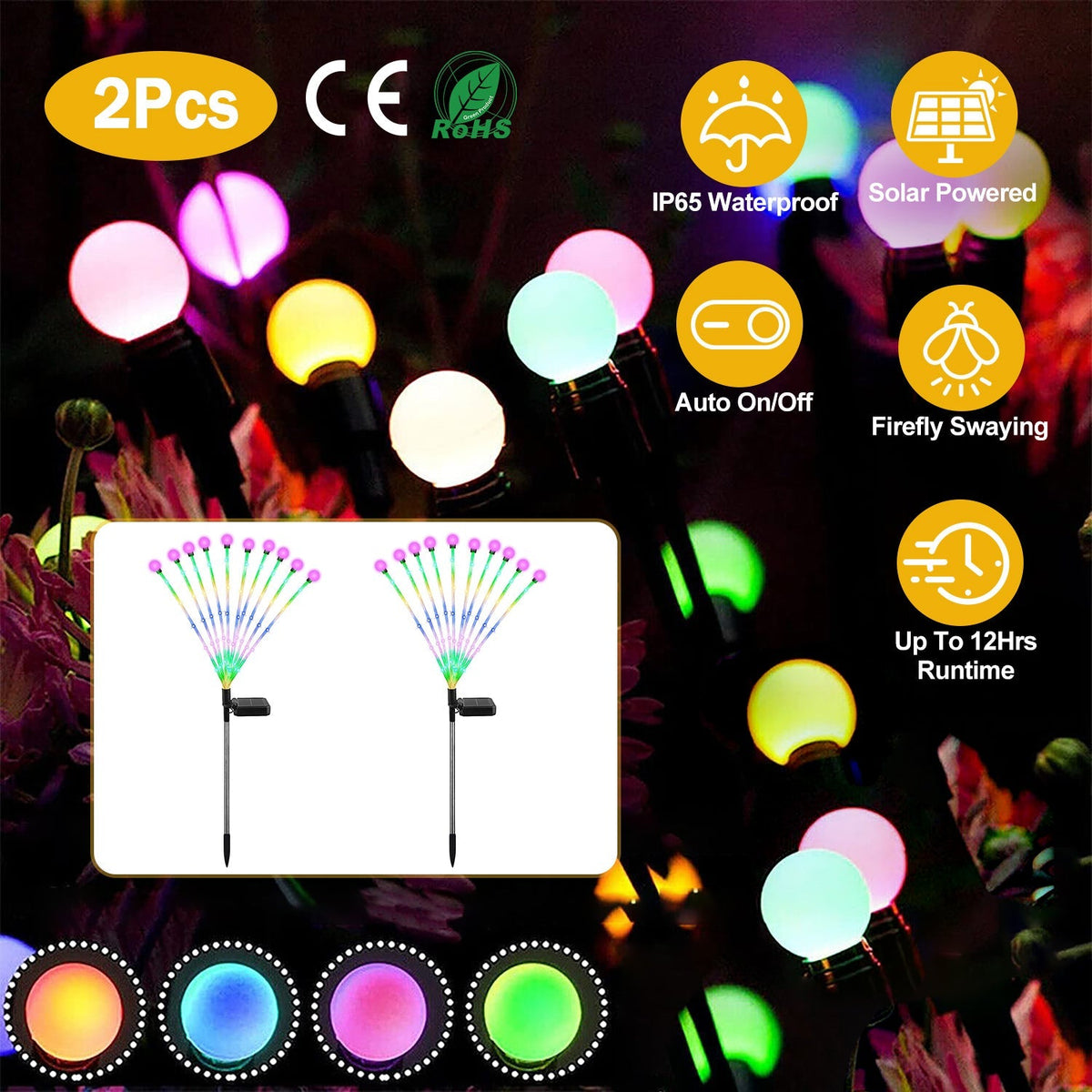 2Pcs Solar Firefly Lights Swaying Decorative Pathway Stake Lamp IP65 Waterproof Landscape Patio Yard Night Light