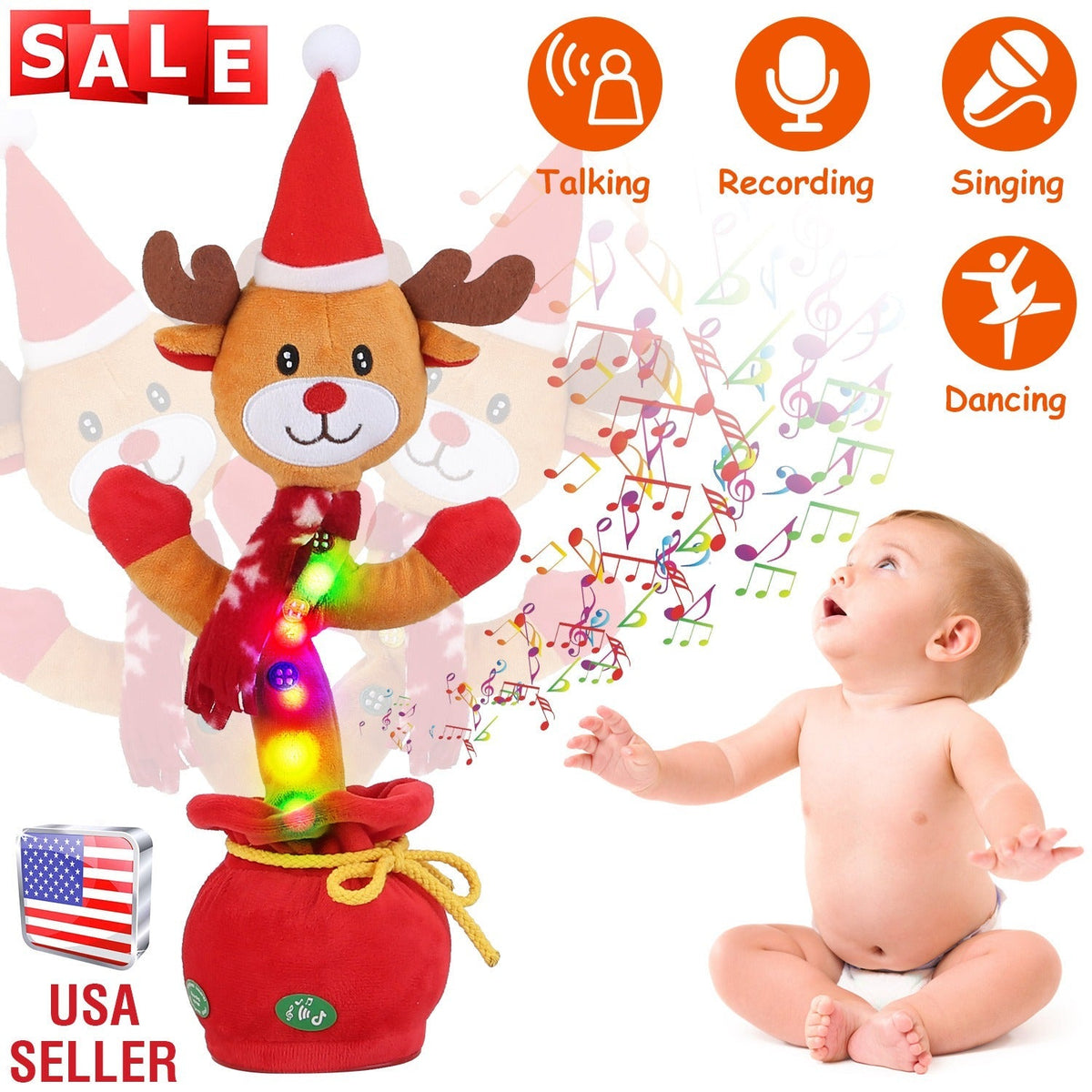 Kid Electric Dance Toy Christmas Elk Snowman Senior Penguin Plush Toy Interactive Sing Song Whirling Mimicking Recording Light up Toy