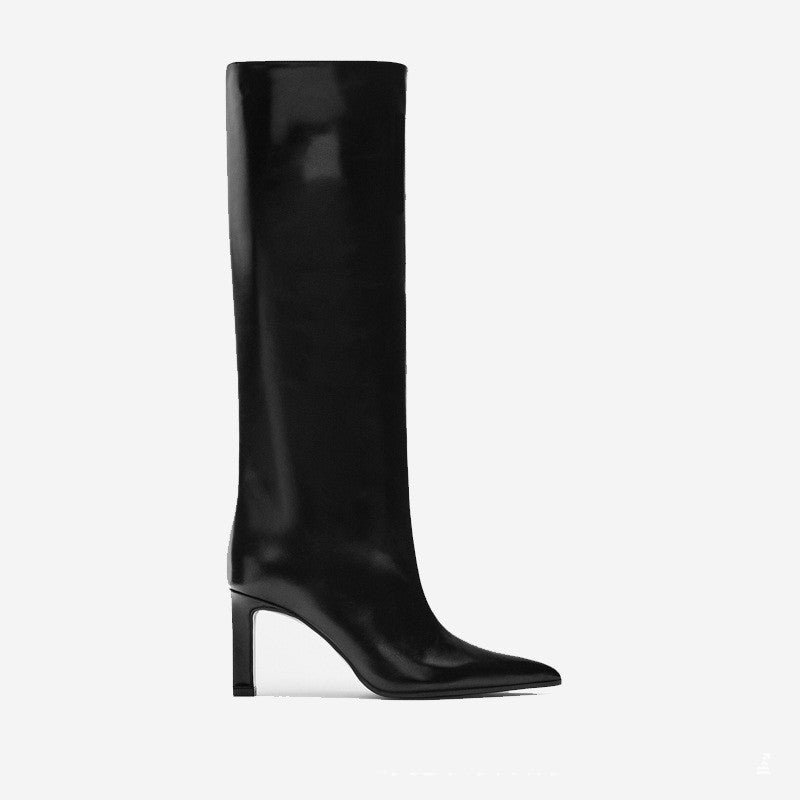 High Heel Leather Knight Boots Pointed Toe