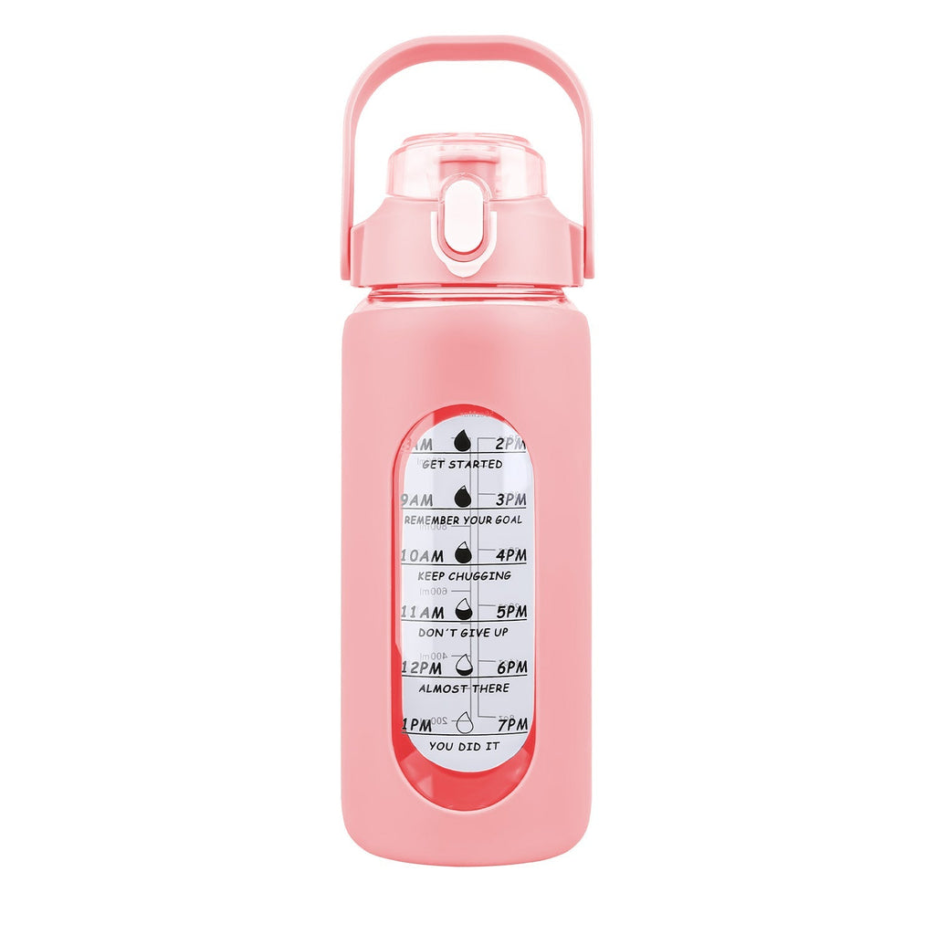 64Oz Glass Water Bottle Sports Water Bottle Motivational Water Bottle Water Intake Tracker Bottle with Straw Time Marker Silicone Sleeve Handle for Gy