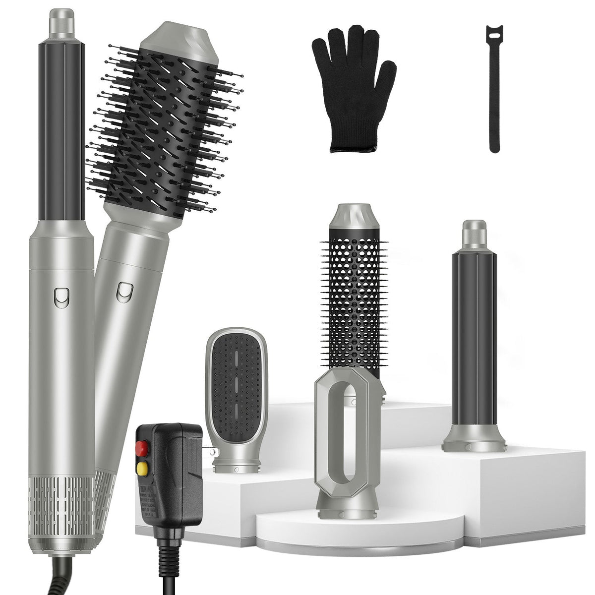 6 In 1 Hot Air Styler Volumizer Straightener Curler Dryer Automatic Wrap Styler Hair Dryer Brush Set with 3 Temp Settings ALCI Plug Glove Cable Zip Ti