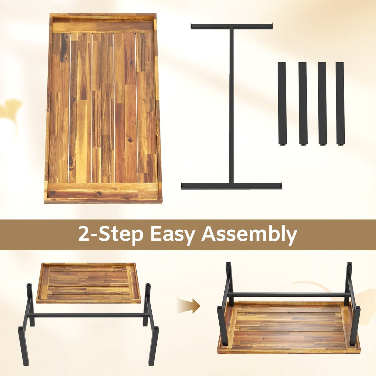 Acacia Wood Coffee Table with Thickened Top and Heavy-duty Metal Legs