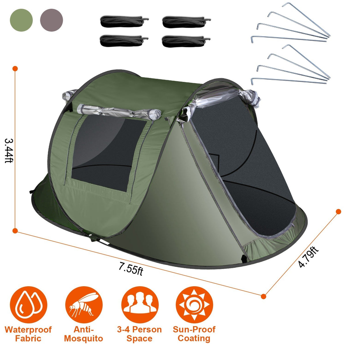 3-4 Person Pop Up Tent Automatic Setup Camping Tent Waterproof InstantÊSetup Tent with 2 Mosquito Net Windows Carrying Bag for Hiking Climbing Adventu