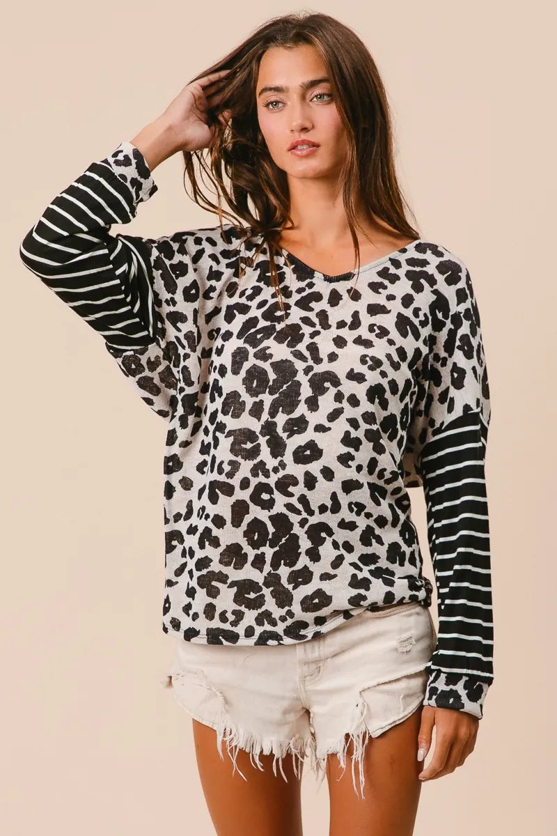 BiBi Leopard Hacci Knit Twist Back Top With Stripe Sleeve