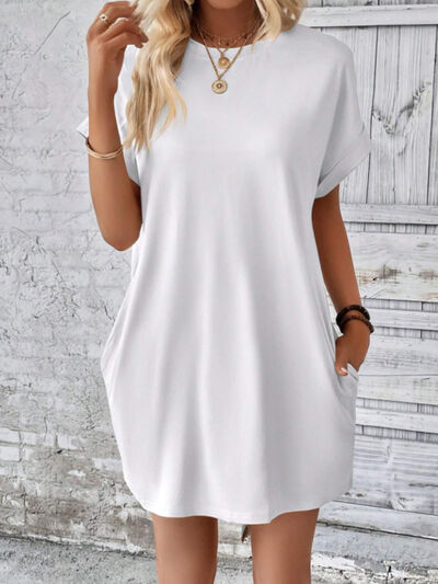 Round Neck Short Sleeve Mini Tee Dress with Pockets