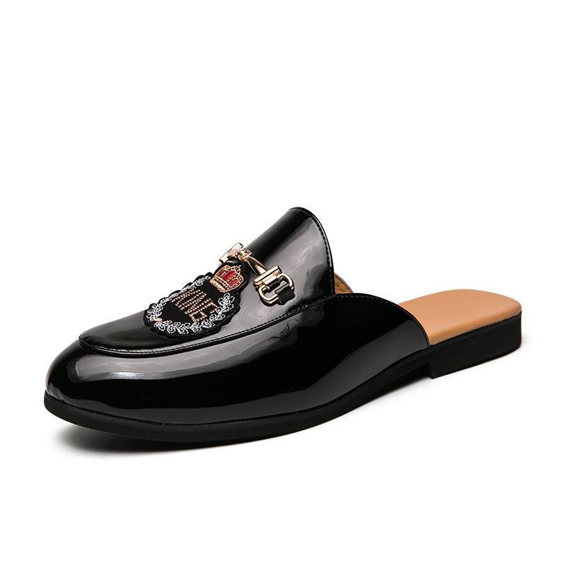 Men's Closed Toe Half Slippers: Bright Leather, Fashion Embroidery
