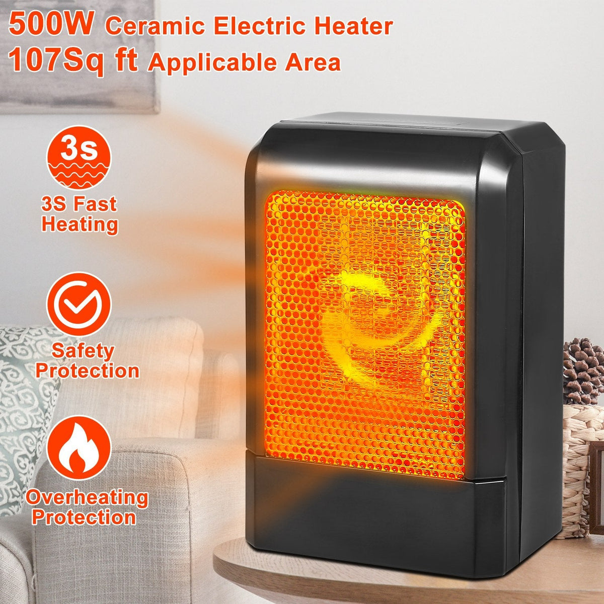 500W Portable Electric Heater PTC Ceramic Heating Fan 3S Heating Space For Home Office Use