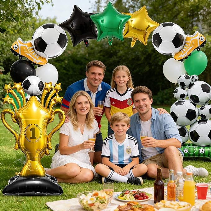 7Pcs Soccer Party Decorations,Giant Self Standing Soccer Balloons,Trophies Stars Football Shoes Shape Balloons for Sports Game Fans Birthday Decor Supplies
