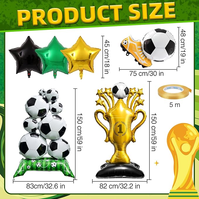 7Pcs Soccer Party Decorations,Giant Self Standing Soccer Balloons,Trophies Stars Football Shoes Shape Balloons for Sports Game Fans Birthday Decor Supplies