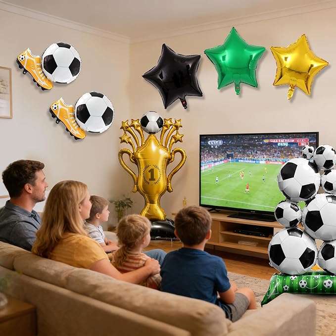 7Pcs Soccer Party Decorations,Giant Self Standing Soccer Balloons,Trophies Stars Football Shoes Shape Balloons for Sports Game Fans Birthday Decor Supplies