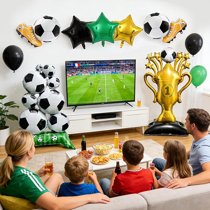7Pcs Soccer Party Decorations,Giant Self Standing Soccer Balloons,Trophies Stars Football Shoes Shape Balloons for Sports Game Fans Birthday Decor Supplies