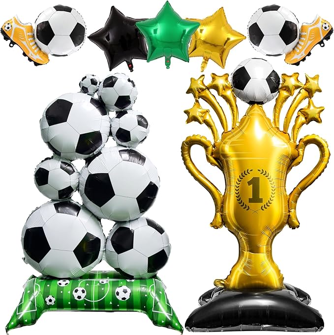 7Pcs Soccer Party Decorations,Giant Self Standing Soccer Balloons,Trophies Stars Football Shoes Shape Balloons for Sports Game Fans Birthday Decor Supplies
