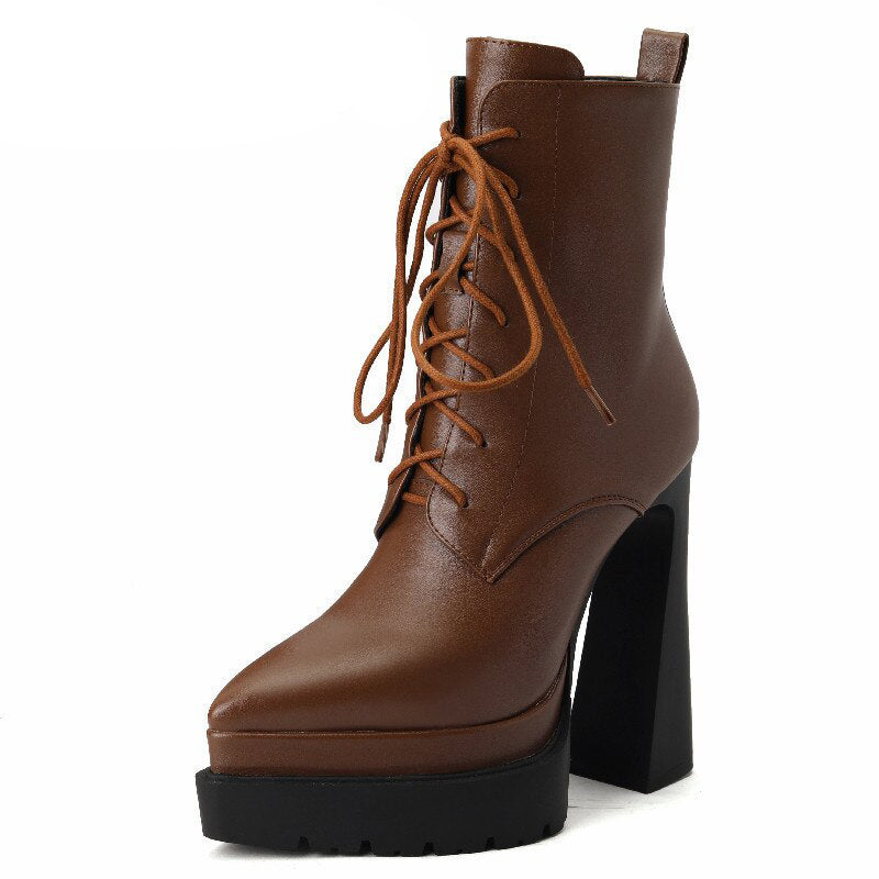 Autumn Winter Women Ankle Boots Elegant Office Ladies Party High Heels Pointed Toe Platforms Genuine Leather Shoes