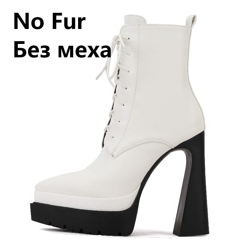 Autumn Winter Women Ankle Boots Elegant Office Ladies Party High Heels Pointed Toe Platforms Genuine Leather Shoes
