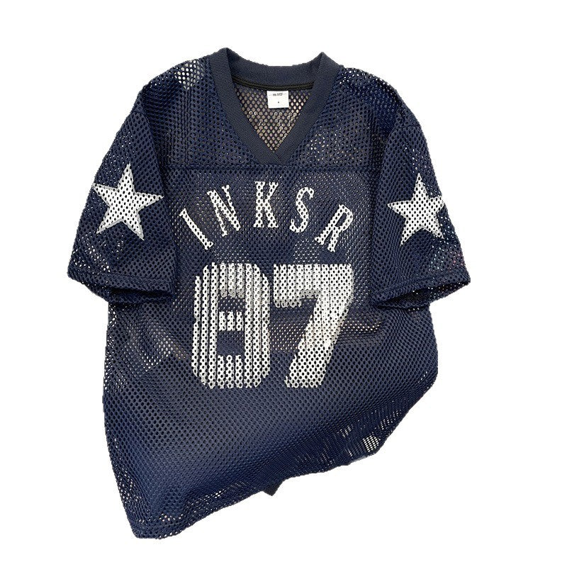 Navy blue digital mesh jersey retro printed ball jersey short sleeved t-shirt