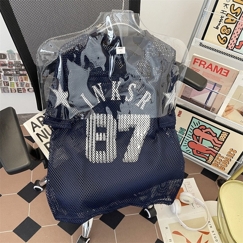Navy blue digital mesh jersey retro printed ball jersey short sleeved t-shirt