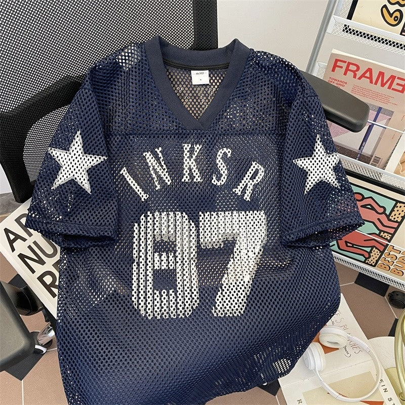 Navy blue digital mesh jersey retro printed ball jersey short sleeved t-shirt