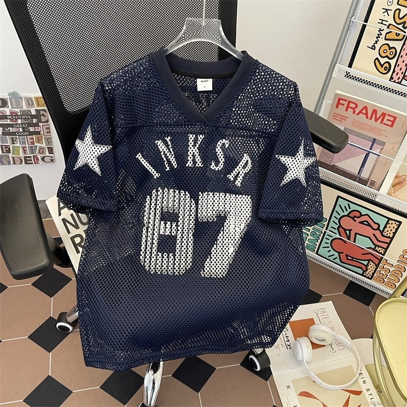 Navy blue digital mesh jersey retro printed ball jersey short sleeved t-shirt