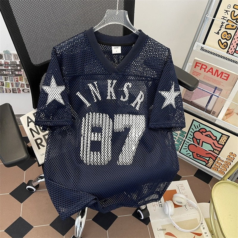 Navy blue digital mesh jersey retro printed ball jersey short sleeved t-shirt