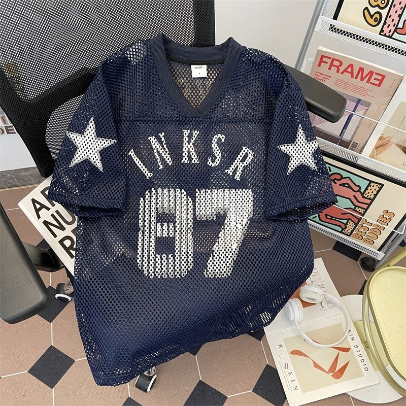 Navy blue digital mesh jersey retro printed ball jersey short sleeved t-shirt