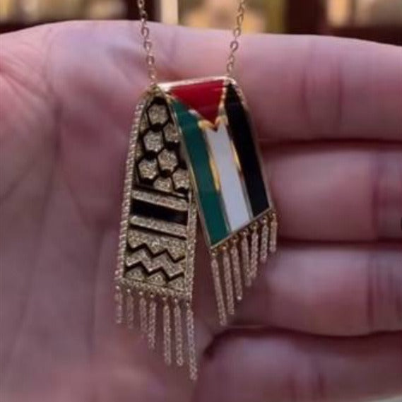Stainless steel adhesive Middle East Palestinian headscarf scarf flag Gaza with diamond tassel necklace